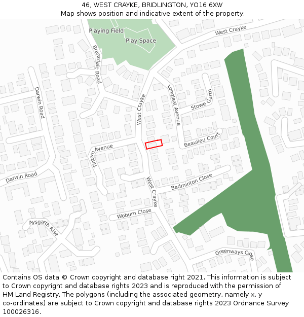 46, WEST CRAYKE, BRIDLINGTON, YO16 6XW: Location map and indicative extent of plot