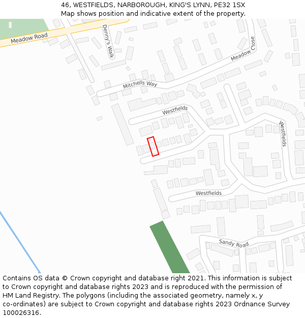 46, WESTFIELDS, NARBOROUGH, KING'S LYNN, PE32 1SX: Location map and indicative extent of plot