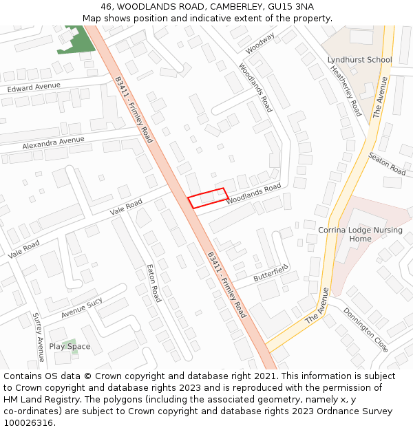 46, WOODLANDS ROAD, CAMBERLEY, GU15 3NA: Location map and indicative extent of plot