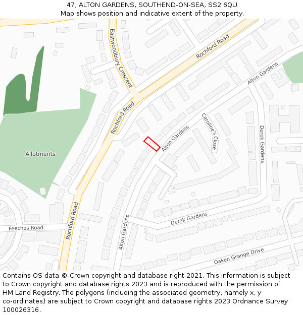 47, ALTON GARDENS, SOUTHEND-ON-SEA, SS2 6QU: Location map and indicative extent of plot