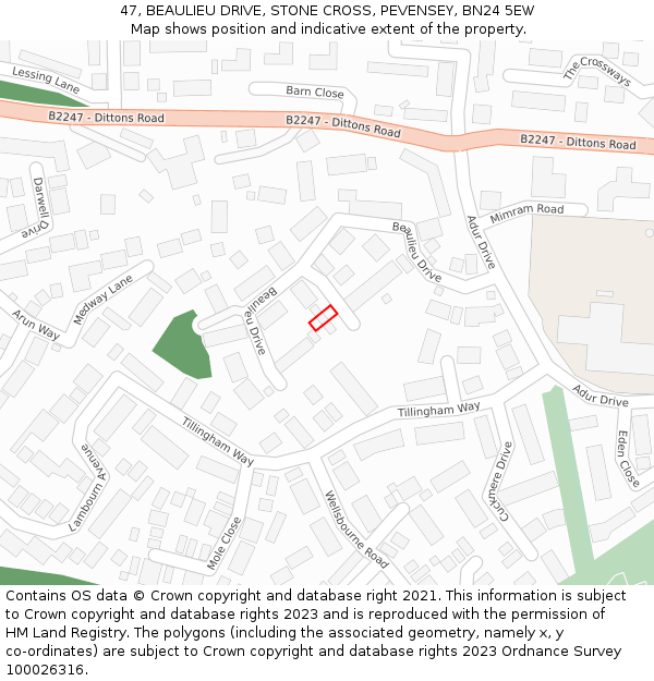 47, BEAULIEU DRIVE, STONE CROSS, PEVENSEY, BN24 5EW: Location map and indicative extent of plot