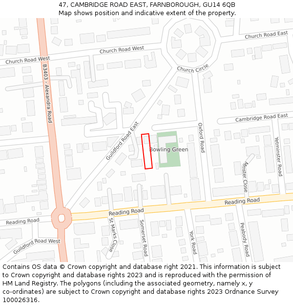 47, CAMBRIDGE ROAD EAST, FARNBOROUGH, GU14 6QB: Location map and indicative extent of plot