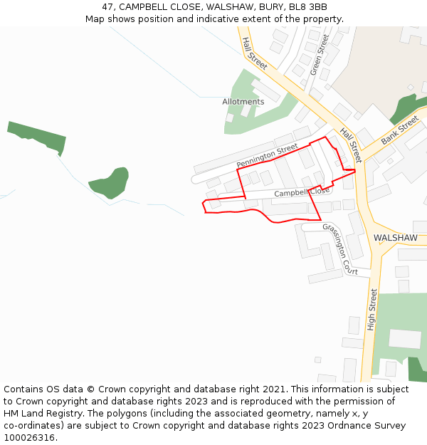 47, CAMPBELL CLOSE, WALSHAW, BURY, BL8 3BB: Location map and indicative extent of plot