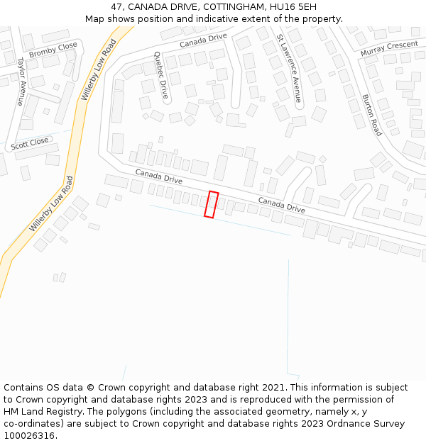 47, CANADA DRIVE, COTTINGHAM, HU16 5EH: Location map and indicative extent of plot