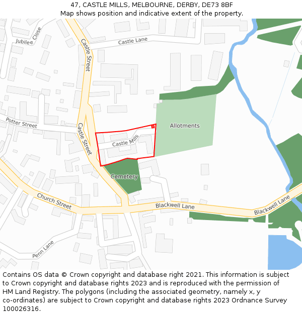 47, CASTLE MILLS, MELBOURNE, DERBY, DE73 8BF: Location map and indicative extent of plot