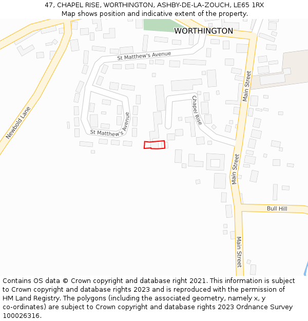 47, CHAPEL RISE, WORTHINGTON, ASHBY-DE-LA-ZOUCH, LE65 1RX: Location map and indicative extent of plot