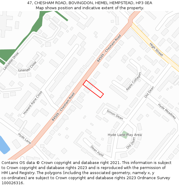 47, CHESHAM ROAD, BOVINGDON, HEMEL HEMPSTEAD, HP3 0EA: Location map and indicative extent of plot