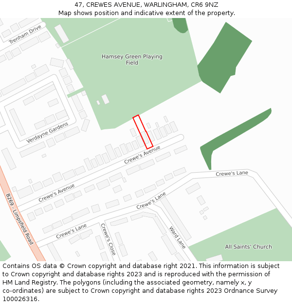 47, CREWES AVENUE, WARLINGHAM, CR6 9NZ: Location map and indicative extent of plot