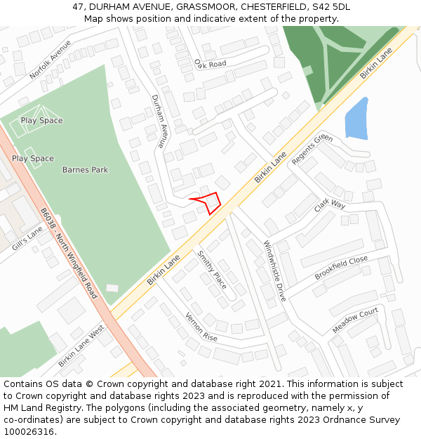 47, DURHAM AVENUE, GRASSMOOR, CHESTERFIELD, S42 5DL: Location map and indicative extent of plot