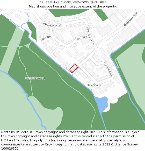 47, EBBLAKE CLOSE, VERWOOD, BH31 6GF: Location map and indicative extent of plot