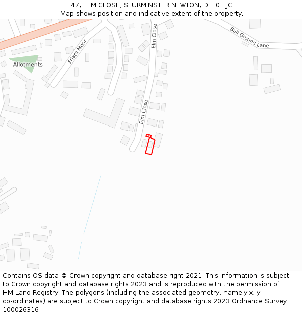 47, ELM CLOSE, STURMINSTER NEWTON, DT10 1JG: Location map and indicative extent of plot