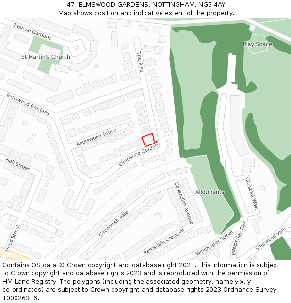 47, ELMSWOOD GARDENS, NOTTINGHAM, NG5 4AY: Location map and indicative extent of plot