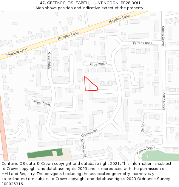 47, GREENFIELDS, EARITH, HUNTINGDON, PE28 3QH: Location map and indicative extent of plot