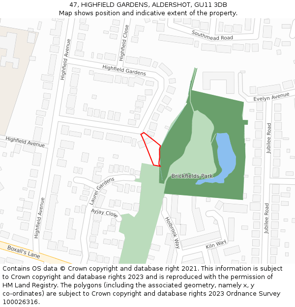 47, HIGHFIELD GARDENS, ALDERSHOT, GU11 3DB: Location map and indicative extent of plot