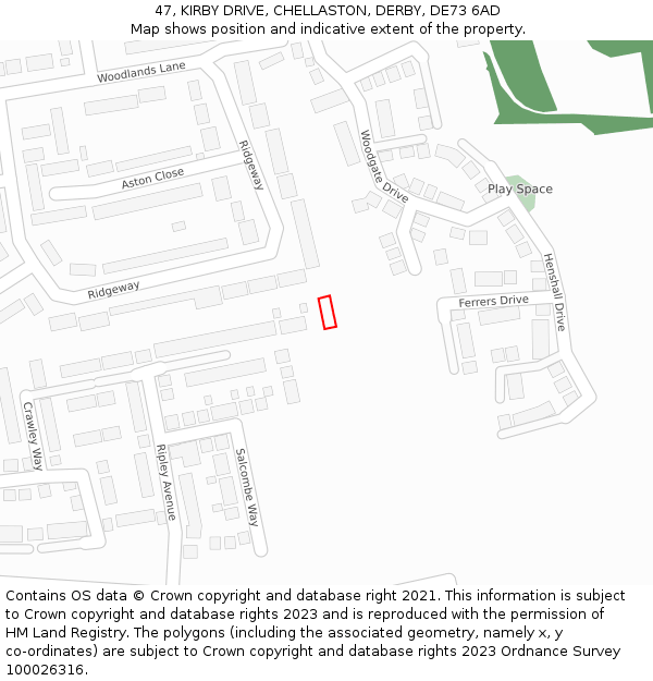 47, KIRBY DRIVE, CHELLASTON, DERBY, DE73 6AD: Location map and indicative extent of plot