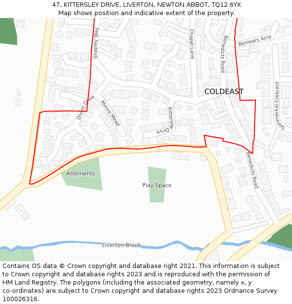 47, KITTERSLEY DRIVE, LIVERTON, NEWTON ABBOT, TQ12 6YX: Location map and indicative extent of plot