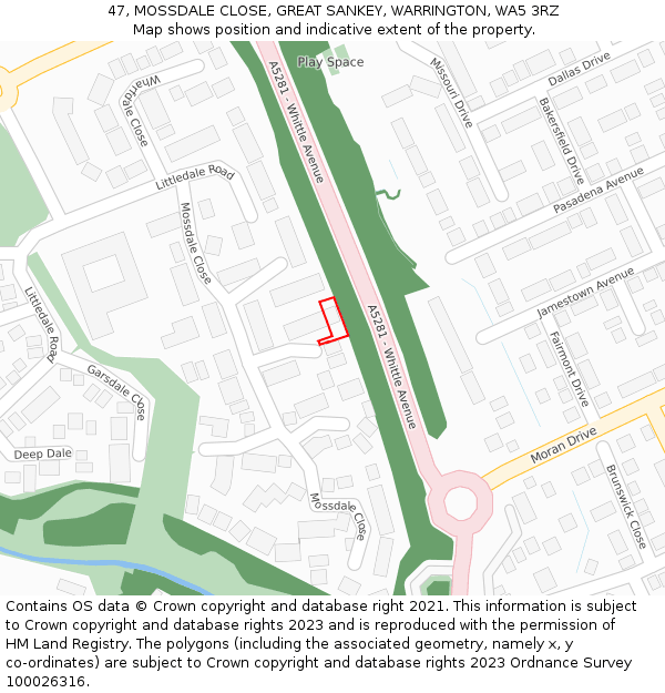 47, MOSSDALE CLOSE, GREAT SANKEY, WARRINGTON, WA5 3RZ: Location map and indicative extent of plot