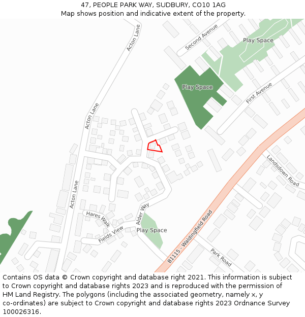 47, PEOPLE PARK WAY, SUDBURY, CO10 1AG: Location map and indicative extent of plot