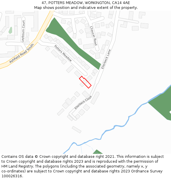 47, POTTERS MEADOW, WORKINGTON, CA14 4AE: Location map and indicative extent of plot