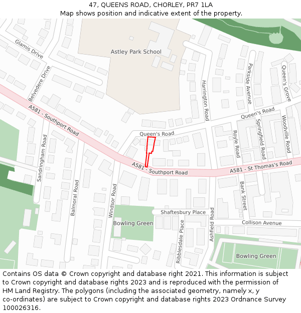 47, QUEENS ROAD, CHORLEY, PR7 1LA: Location map and indicative extent of plot