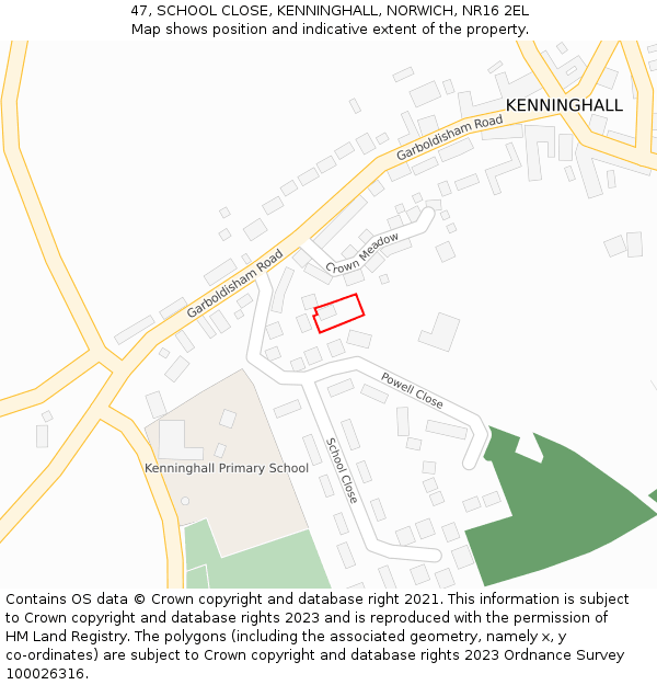 47, SCHOOL CLOSE, KENNINGHALL, NORWICH, NR16 2EL: Location map and indicative extent of plot