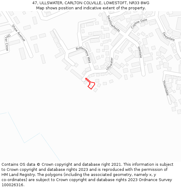 47, ULLSWATER, CARLTON COLVILLE, LOWESTOFT, NR33 8WG: Location map and indicative extent of plot
