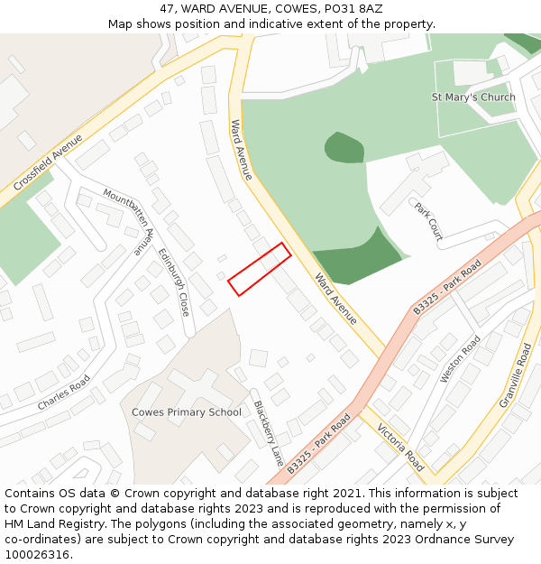 47, WARD AVENUE, COWES, PO31 8AZ: Location map and indicative extent of plot