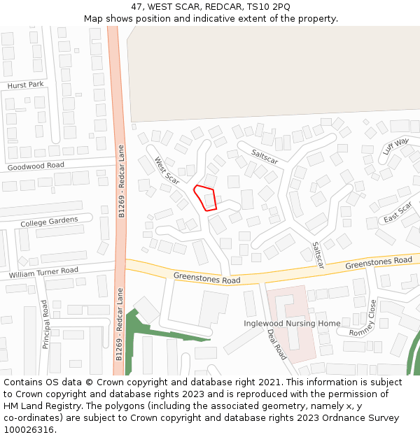 47, WEST SCAR, REDCAR, TS10 2PQ: Location map and indicative extent of plot