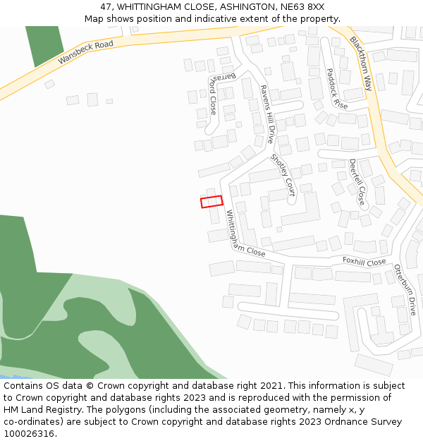 47, WHITTINGHAM CLOSE, ASHINGTON, NE63 8XX: Location map and indicative extent of plot