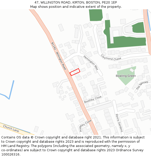 47, WILLINGTON ROAD, KIRTON, BOSTON, PE20 1EP: Location map and indicative extent of plot