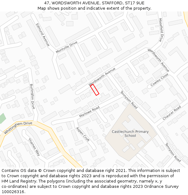 47, WORDSWORTH AVENUE, STAFFORD, ST17 9UE: Location map and indicative extent of plot