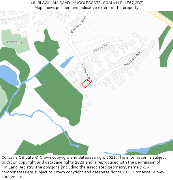 48, BLACKHAM ROAD, HUGGLESCOTE, COALVILLE, LE67 2DZ: Location map and indicative extent of plot