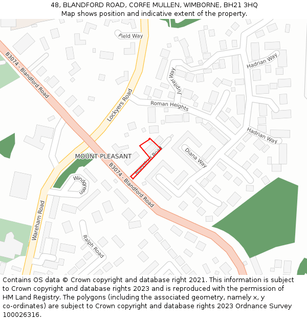 48, BLANDFORD ROAD, CORFE MULLEN, WIMBORNE, BH21 3HQ: Location map and indicative extent of plot