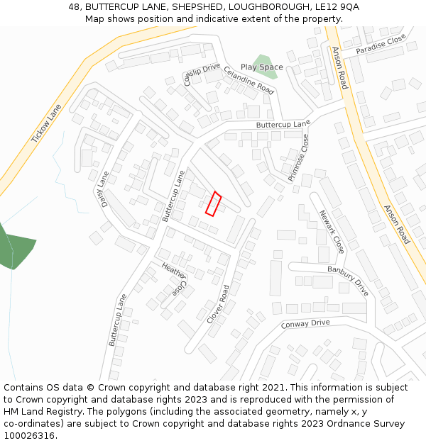 48, BUTTERCUP LANE, SHEPSHED, LOUGHBOROUGH, LE12 9QA: Location map and indicative extent of plot