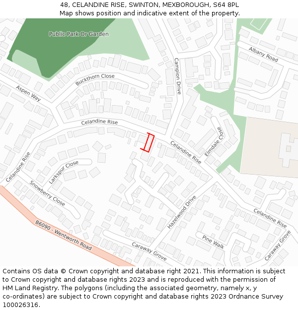 48, CELANDINE RISE, SWINTON, MEXBOROUGH, S64 8PL: Location map and indicative extent of plot