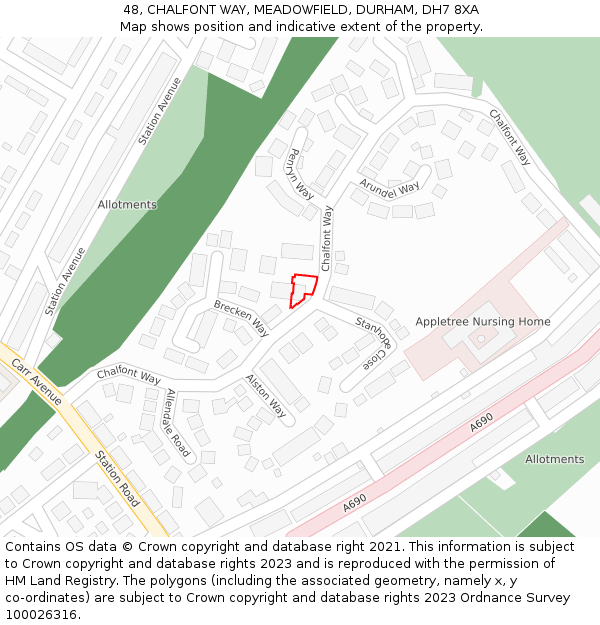 48, CHALFONT WAY, MEADOWFIELD, DURHAM, DH7 8XA: Location map and indicative extent of plot