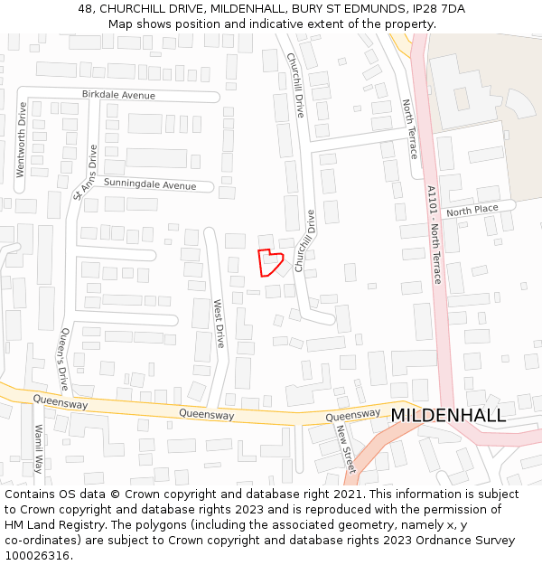 48, CHURCHILL DRIVE, MILDENHALL, BURY ST EDMUNDS, IP28 7DA: Location map and indicative extent of plot