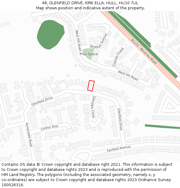 48, GLENFIELD DRIVE, KIRK ELLA, HULL, HU10 7UL: Location map and indicative extent of plot