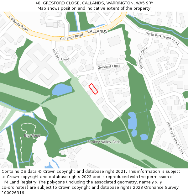 48, GRESFORD CLOSE, CALLANDS, WARRINGTON, WA5 9RY: Location map and indicative extent of plot