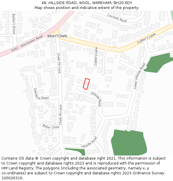 48, HILLSIDE ROAD, WOOL, WAREHAM, BH20 6DY: Location map and indicative extent of plot