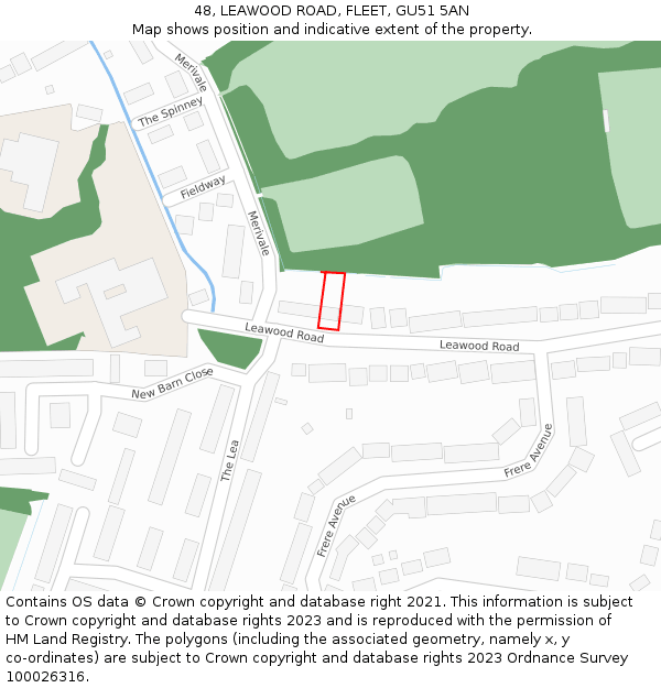 48, LEAWOOD ROAD, FLEET, GU51 5AN: Location map and indicative extent of plot