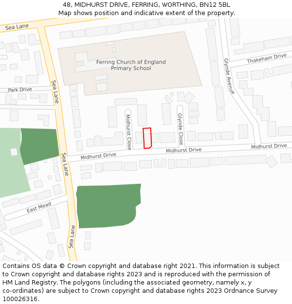 48, MIDHURST DRIVE, FERRING, WORTHING, BN12 5BL: Location map and indicative extent of plot