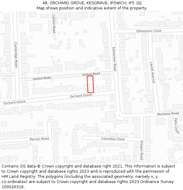 48, ORCHARD GROVE, KESGRAVE, IPSWICH, IP5 1EJ: Location map and indicative extent of plot