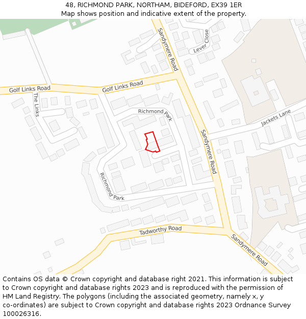 48, RICHMOND PARK, NORTHAM, BIDEFORD, EX39 1ER: Location map and indicative extent of plot