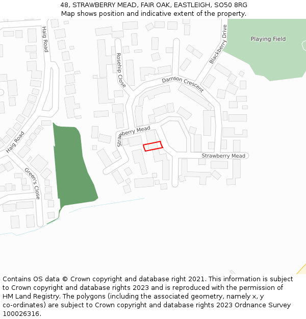 48, STRAWBERRY MEAD, FAIR OAK, EASTLEIGH, SO50 8RG: Location map and indicative extent of plot