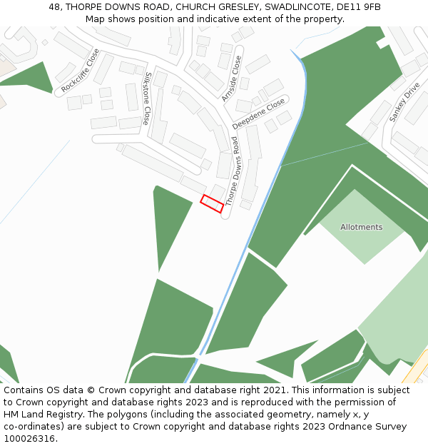 48, THORPE DOWNS ROAD, CHURCH GRESLEY, SWADLINCOTE, DE11 9FB: Location map and indicative extent of plot