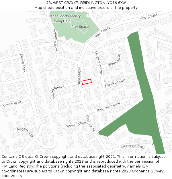 48, WEST CRAYKE, BRIDLINGTON, YO16 6XW: Location map and indicative extent of plot