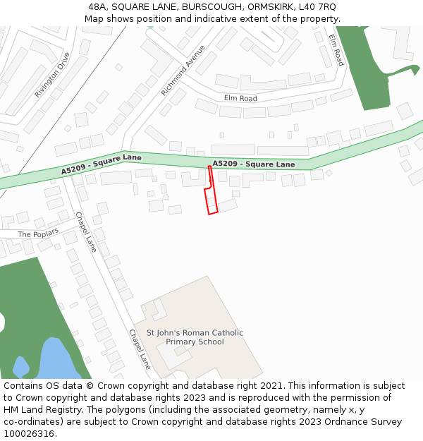 48A, SQUARE LANE, BURSCOUGH, ORMSKIRK, L40 7RQ: Location map and indicative extent of plot