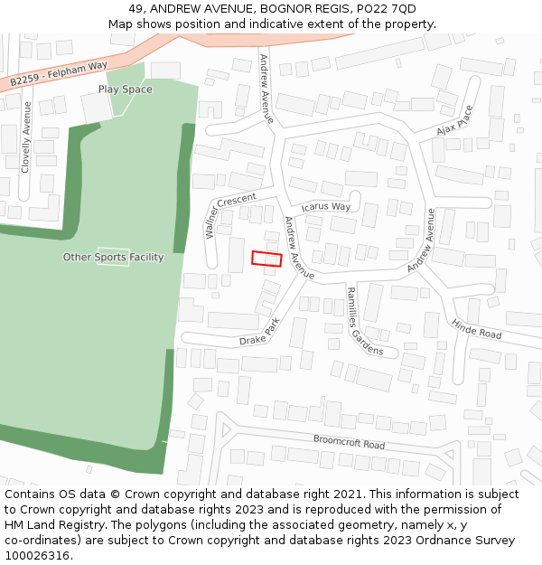 49, ANDREW AVENUE, BOGNOR REGIS, PO22 7QD: Location map and indicative extent of plot