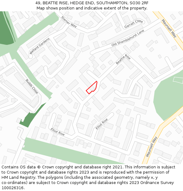 49, BEATTIE RISE, HEDGE END, SOUTHAMPTON, SO30 2RF: Location map and indicative extent of plot